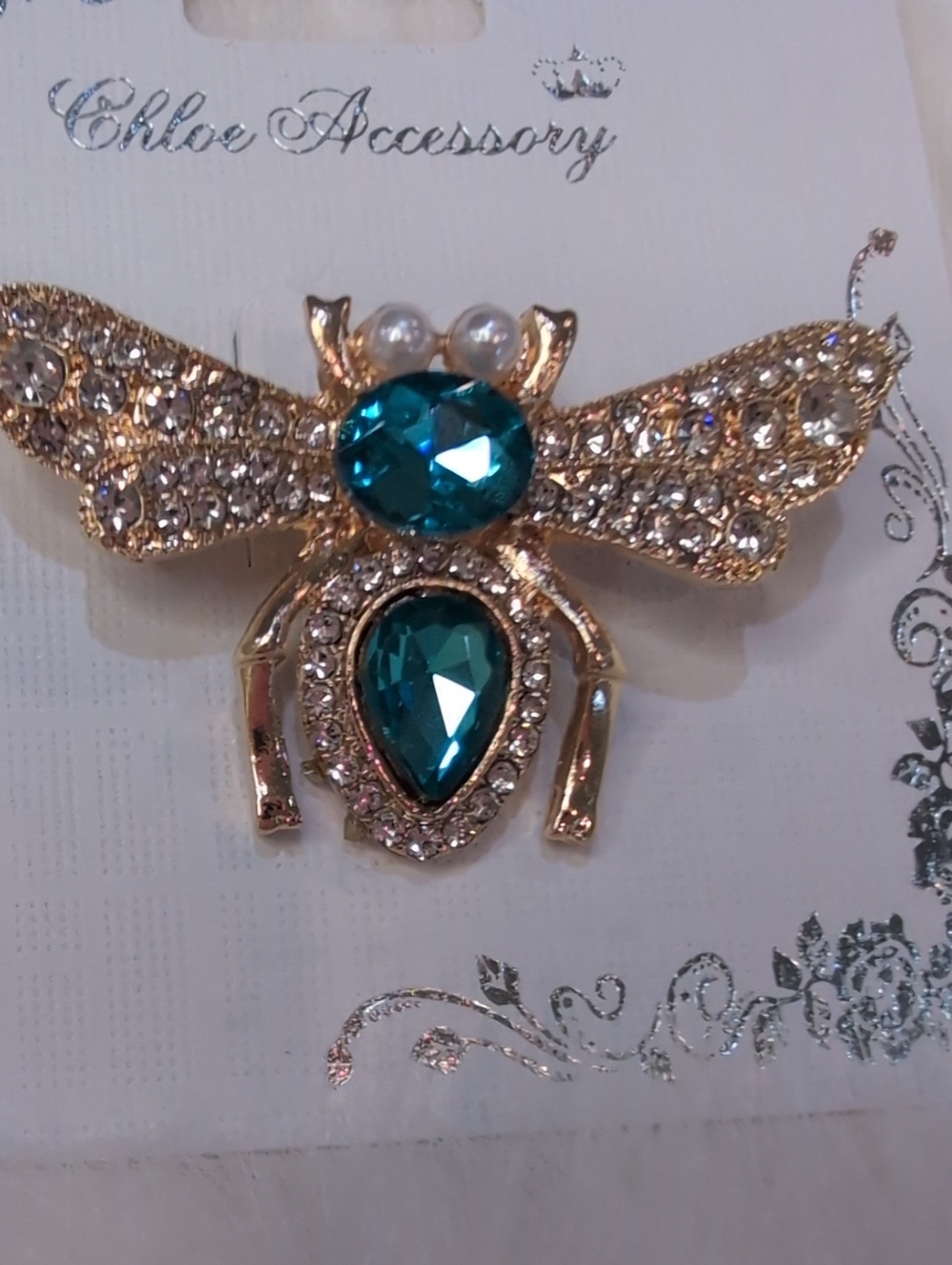 Teal Crystal Bee Brooch - Gold Tone